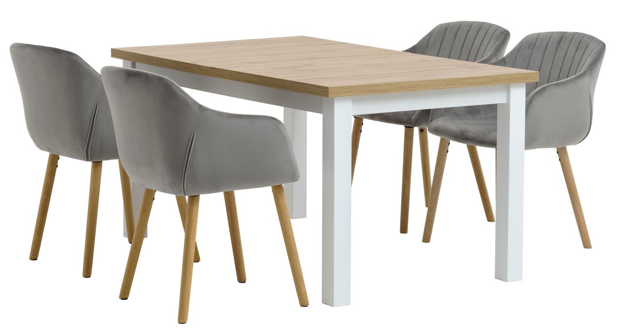 MARKSKEL L150 193 Tafel Wit Eiken 4 ADSLEV Stoelen Velvet JYSK