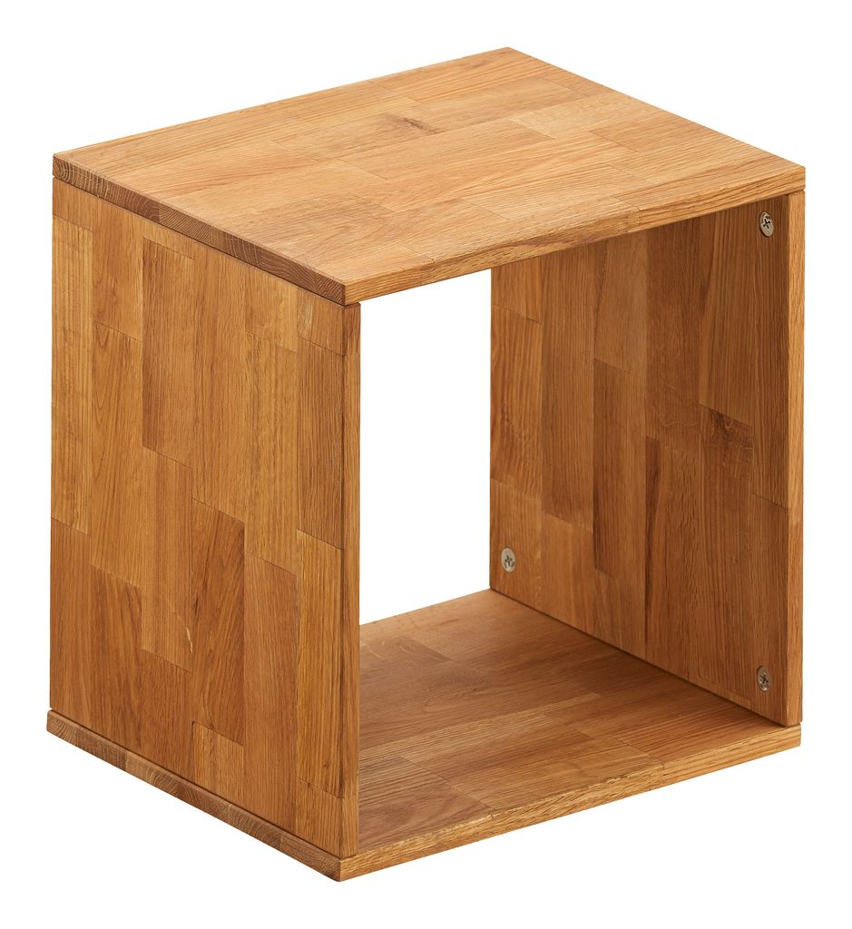 Cube de rangement avec étagère en bois de chêne massif huilé.