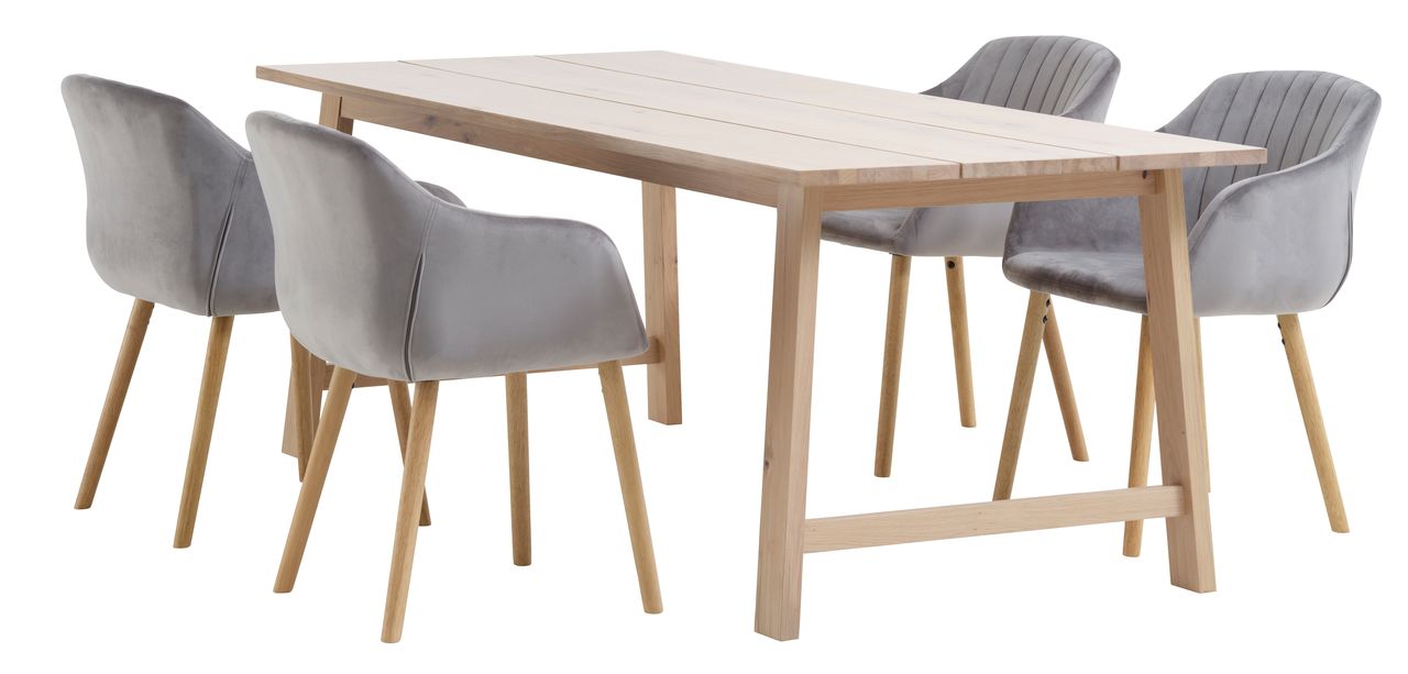 GADESKOV L200 table oak + 4 ADSLEV chairs grey velvet JYSK
