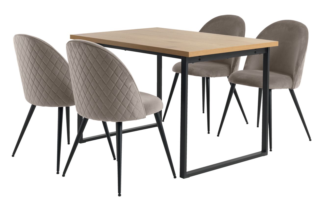 Mesa AABENRAA L120 roble + 4 sillas KOKKEDAL terciopelo gris JYSK