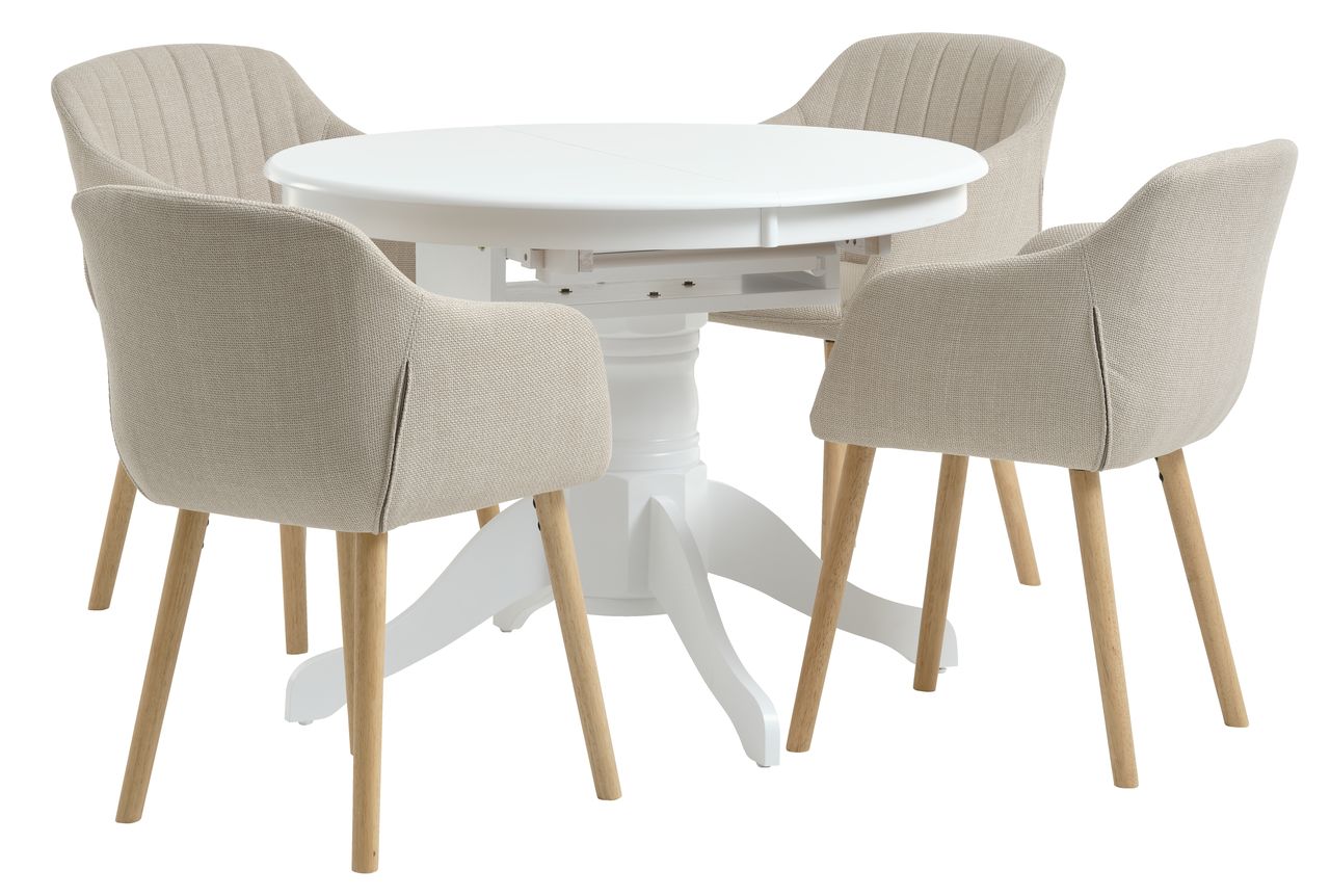 ASKEBY Ø100 a/rallonge table blanc + 4 ADSLEV chaises beige JYSK