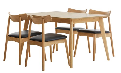 KALBY L130/220 tafel eiken + 4 LYNGHOLM stoelen eiken/zwart