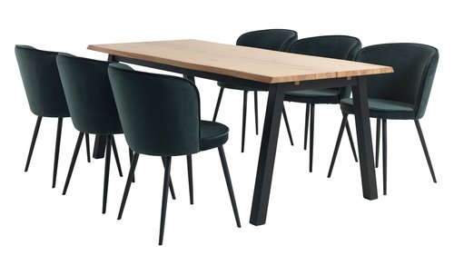 SKOVLUNDE H200 asztal tölgy + 4 RISSKOV szék sötétzöld