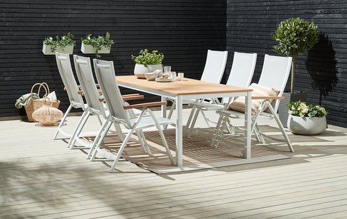 Table RAMTEN L206 bois dur + 4 chaises SLITE blanc