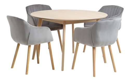 KALBY D120 table oak + 4 ADSLEV chairs grey velvet