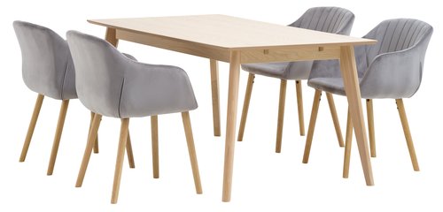 KALBY L160/250 bord eik + 4 ADSLEV stol grå fløyel