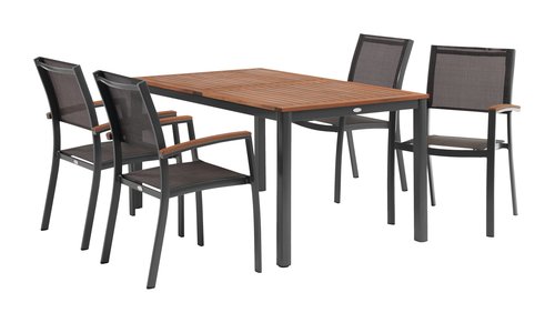 YTTRUP L150 tafel hardhout + 4 MADERNE stapelstoelen grijs