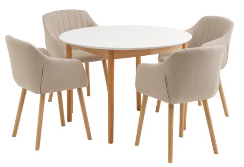 MARSTRAND Ø110 tafel wit + 4 ADSLEV stoelen beige