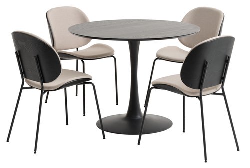 RINGSTED Ø100 tafel zwart + 4 TESTRUP stoelen zand