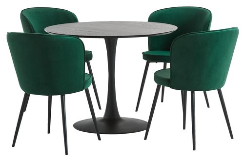 RINGSTED Ø100 table noir + 4 RISSKOV chaises vert foncé
