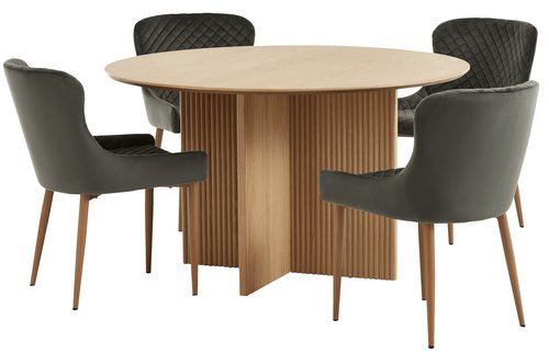 VESTERBORG Ø130 bord ek + 4 PEBRINGE stol grå sammet