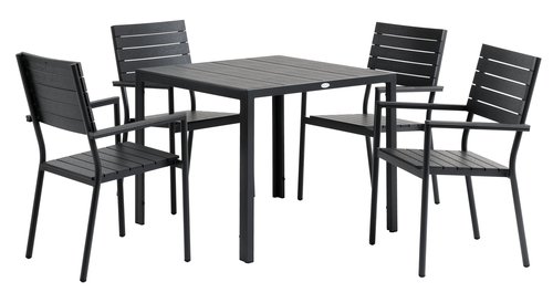 MADERUP L90 tafel zwart + 4 PADHOLM stoelen zwart