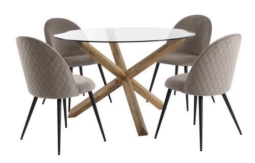 AGERBY Ø119 tafel eiken+4 KOKKEDAL stoelen fluweel grijs