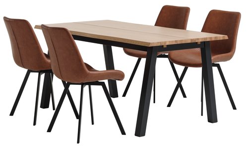 SKOVLUNDE L160 table natural oak+4 HYGUM chairs cognac