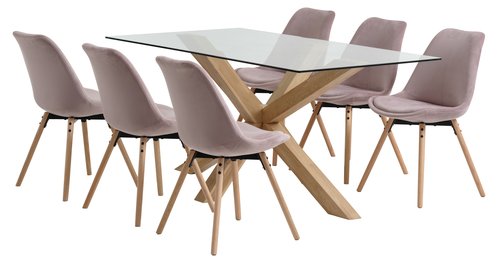 AGERBY L160 Tisch Eiche + 4 KASTRUP Stühle rosa Samt