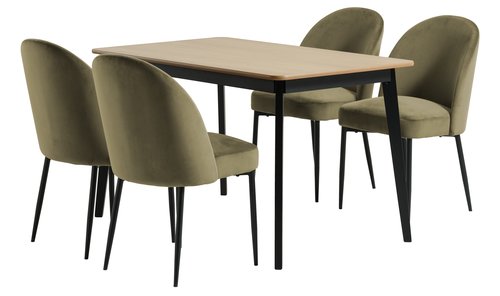 JEGIND L130 bord eik/svart + 4 VASBY stol fløyel olivengrønn