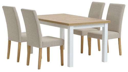 MARKSKEL L150/193 tafel wit/eiken + 4 TUREBY stoelen beige