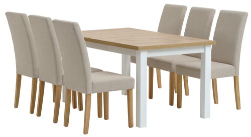 MARKSKEL D150/193 stôl biela/dub + 4 TUREBY stoličky béžová