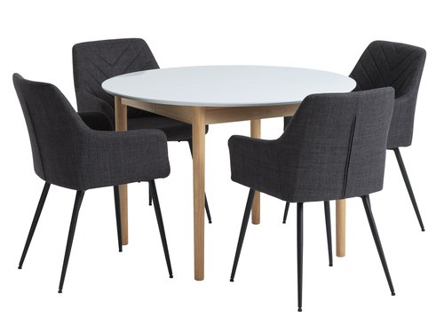 MARSTRAND Ø110 pöytä valkoinen + 4 PURHUS tuoli harmaa