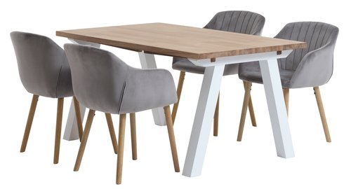 SKAGEN L150 bord hvit/eik + 4 ADSLEV stol grå fløyel