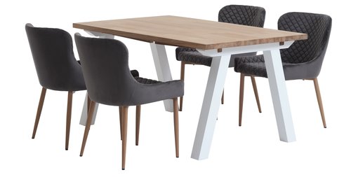 SKAGEN L150 table blanc/chêne + 4 PEBRINGE chaises vel. gris