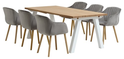SKAGEN L200 Tisch weiß/Eiche + 4 ADSLEV Stühle grauer Samt