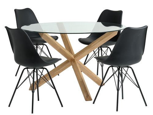 AGERBY Ø119 tafel eiken + 4 KLARUP stoelen zwart