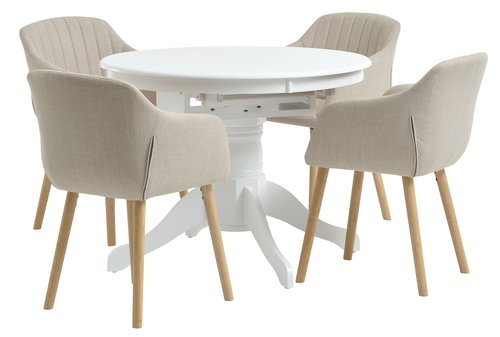 ASKEBY Ø100 tafel wit met blad + 4 ADSLEV stoelen beige