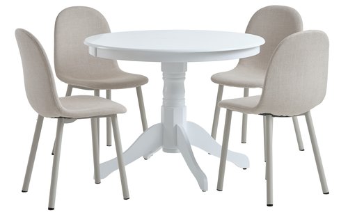 ASKEBY Ø100 pöytä valkoinen + 4 EJSTRUP tuoli beige