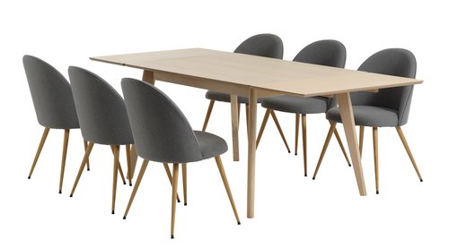 KALBY L130/220 table oak + 4 KOKKEDAL chairs grey/oak