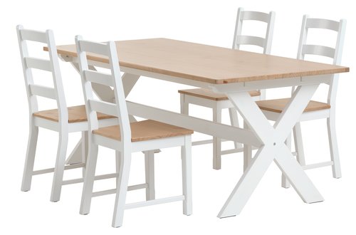 VISLINGE H190 asztal natúr + 4 VISLINGE szék fehér/natúr