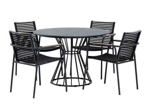 FAGERNES Ø110 Tisch grau + 4 NABE Stuhl schwarz