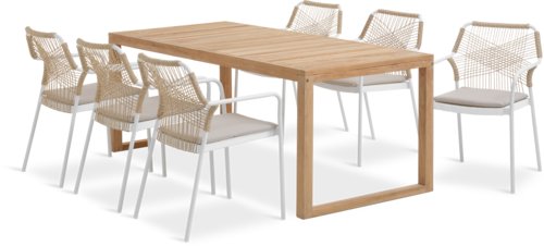EBBESKOV H196 asztal teakfa + 4 FASTRUP szék fehér
