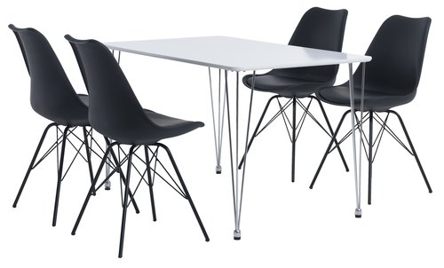 BANNERUP L120 bord hvit + 4 KLARUP stoler svart