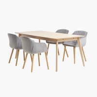 KALBY L160/250 table oak + 4 ADSLEV chairs grey velvet