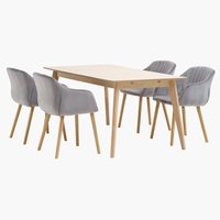 Table KALBY L160/250 chêne + 4 chaises ADSLEV velours gris