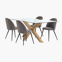 Mesa AGERBY L200 roble + 4 sillas KOKKEDAL terciopelo gris