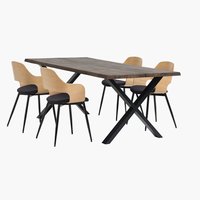 Mesa ROSKILDE L200 roble oscuro + 4 sillas HVIDOVRE roble