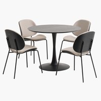 RINGSTED Ø100 table noir + 4 TESTRUP chaises sable