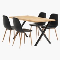 Table ROSKILDE L140 chêne + 4 chaises JONSTRUP noir/chêne