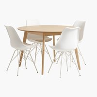 KALBY Ø120 table chêne + 4 KLARUP chaises blanc