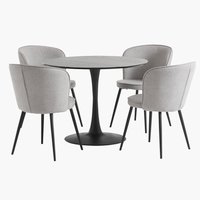 RINGSTED Ø100 table noir + 4 RISSKOV chaise gris clair