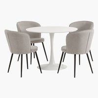 Table RINGSTED Ø100 blanc + 4 chaises RISSKOV gris c.