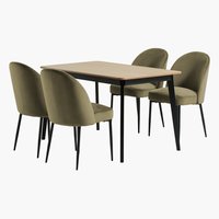 JEGIND L130 tafel eiken/zwart + 4 VASBY stoelen olijfgroen