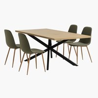 Table NORTOFT L200 chêne + 4 chaises BISTRUP olive