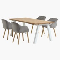 Table SKAGEN L200 blanc/chêne +4 chaises ADSLEV velours gris