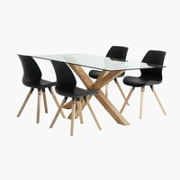 Table AGERBY L190 chêne + 4 chaises BOGENSE noir