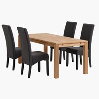 Table HAGE L190 chêne + 4 chaises BAKKELY gris/noir