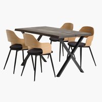 Mesa ROSKILDE L140 roble oscuro + 4 sillas HVIDOVRE roble