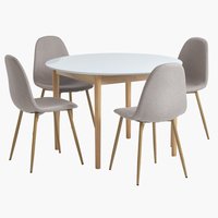 MARSTRAND Ø110 table blanc + 4 TINGLEV chaises gris/chêne